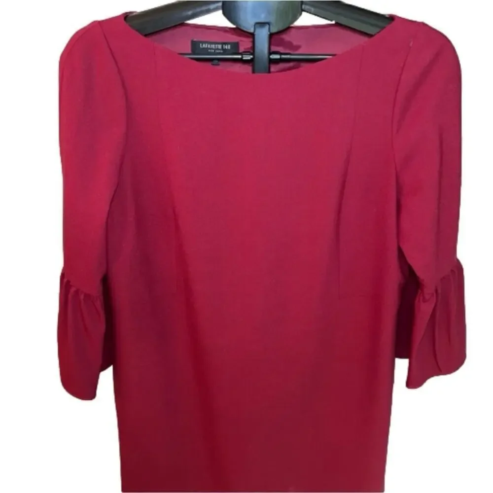 Lafayette 148 Lightweight Wool Cranberry Red Shift Dress Bell Sleeve Size M